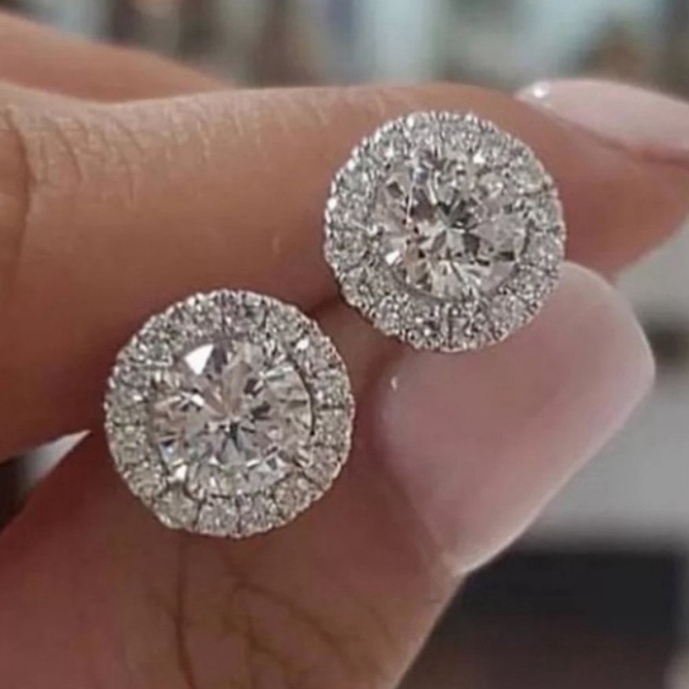 NEW Brilliant Cut 18K Diamond Halo Stud Earrings - Picture 4 of 5
